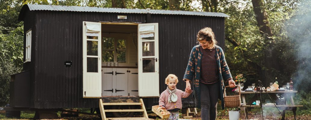 family glamping in eco shepherds hut